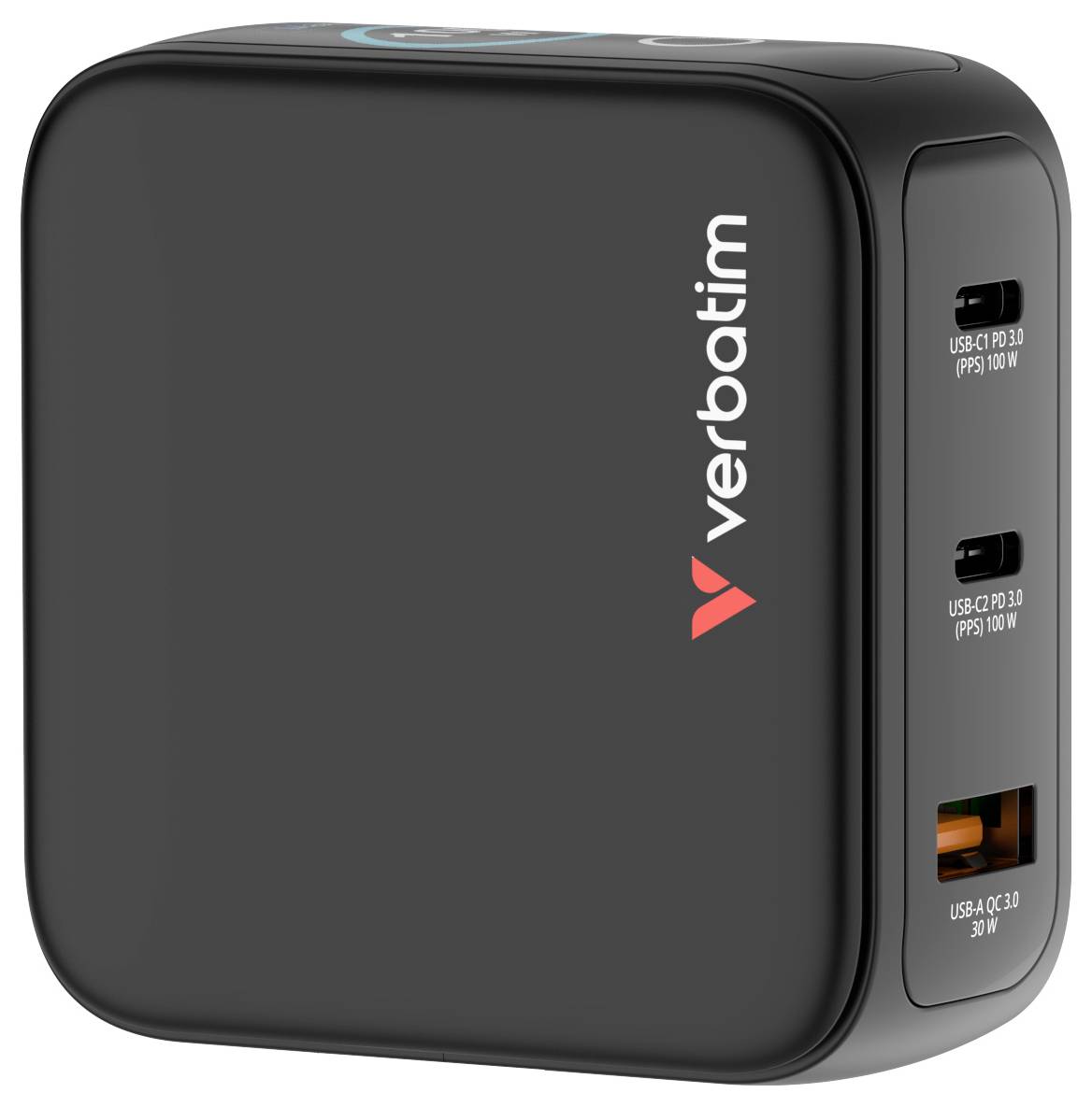 Un chargeur mural Verbatim noir avec trois ports : deux USB-C (100W) et un USB-A (30W), présentant le logo Verbatim sur le côté.