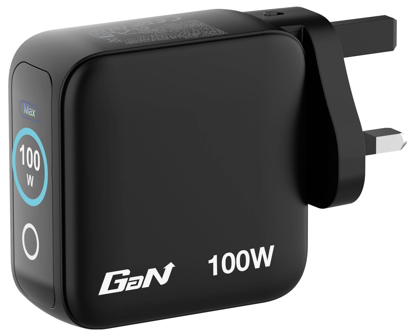 Un chargeur GaN noir de 100W avec prise UK, équipé d'un indicateur lumineux bleu circulaire portant l'étiquette « 100 W Max ».