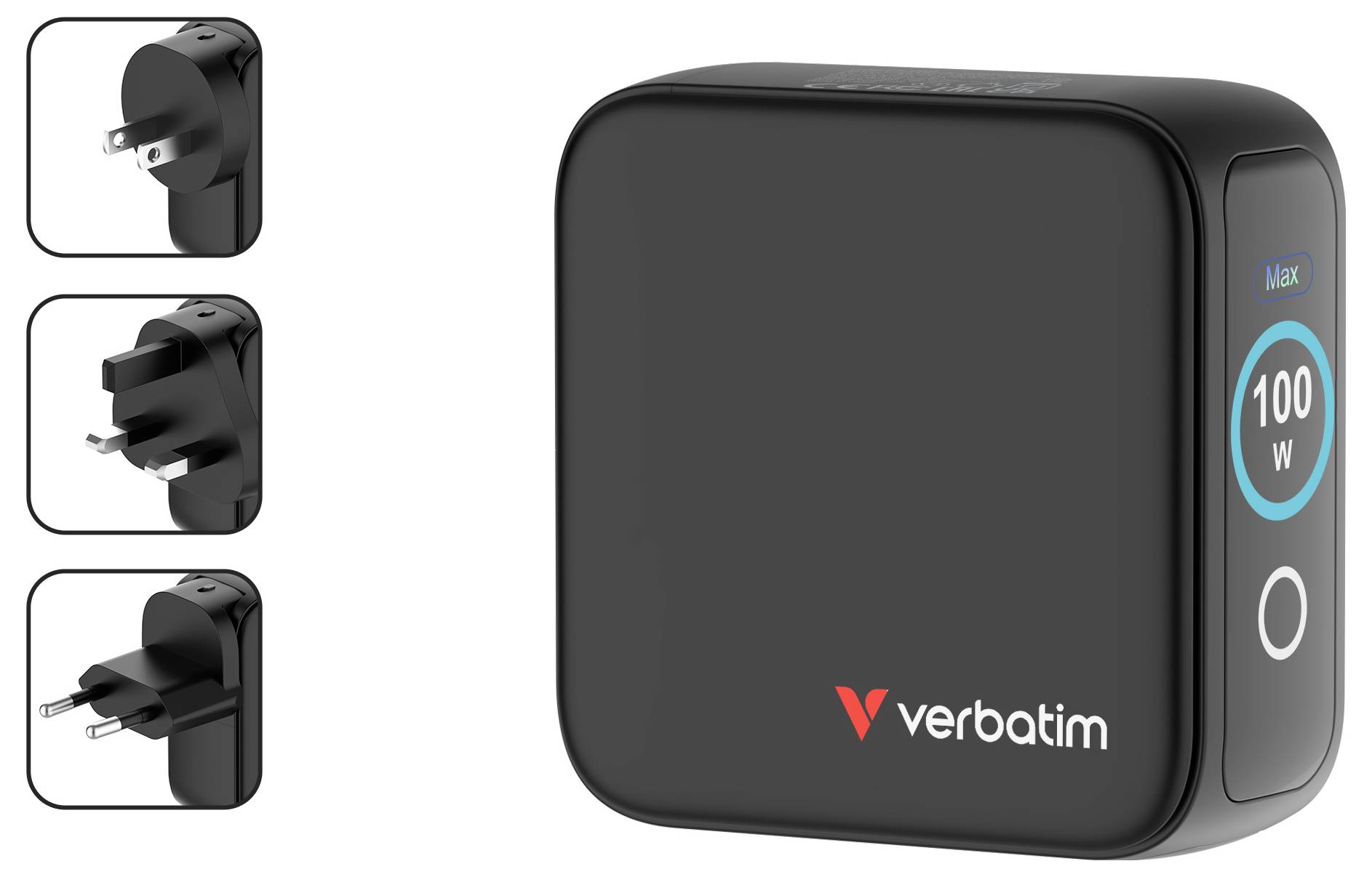 Un adaptateur secteur Verbatim noir avec une sortie de 100W affichée, présenté avec des options de fiches interchangeables pour différentes régions.