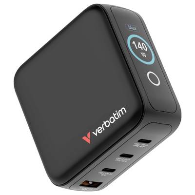 Chargeur Verbatim 140W avec trois ports USB-C et un port USB-A, doté d'un design compact noir.