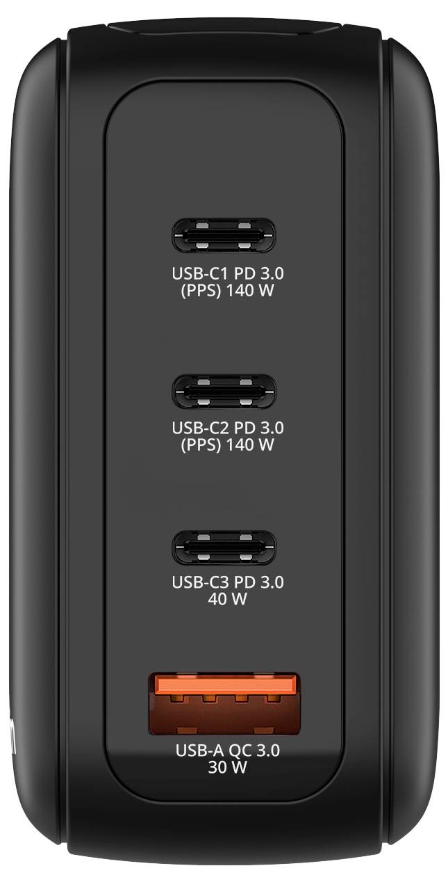 Dispositif de charge noir avec quatre ports : deux USB-C PD 3.0 (PPS) 140W, un USB-C PD 3.0 40W, et un USB-A QC 3.0 30W.