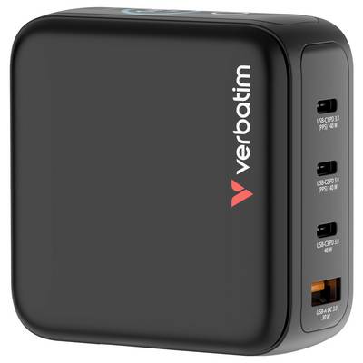 Chargeur USB Verbatim noir avec trois ports sur le côté, étiquetés avec les spécifications de sortie : deux ports USB-C PD 3.0 et un port USB-A QC 3.0.