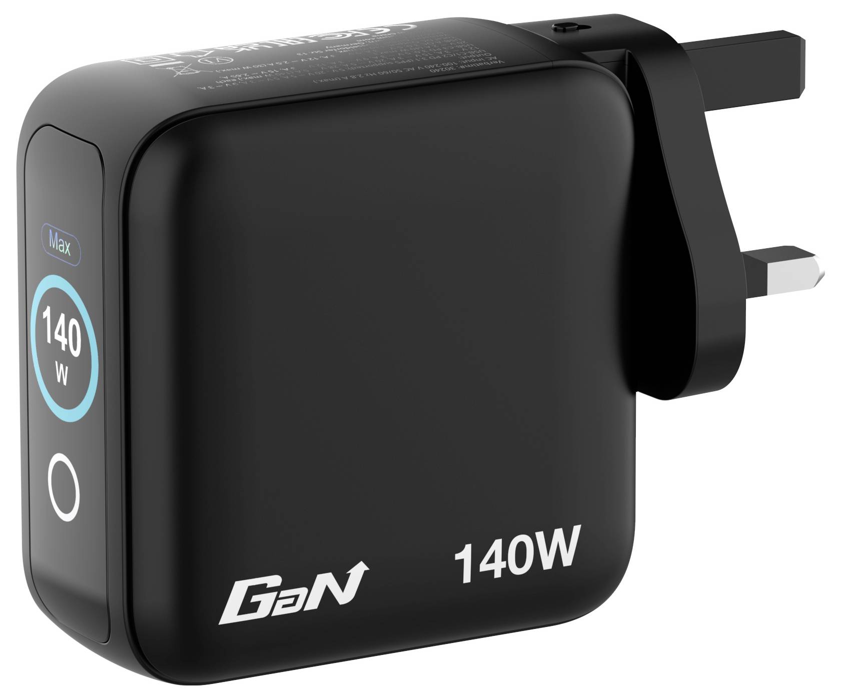 Un chargeur GaN noir de 140W avec une fiche britannique. Le chargeur affiche « 140W » sur le côté, indiquant la puissance de sortie.