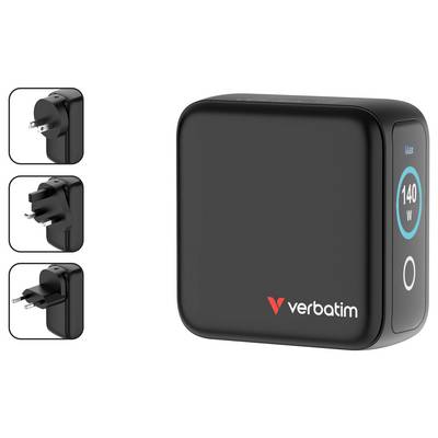 Un adaptateur d'alimentation Verbatim noir de 140W avec des options de fiches interchangeables pour différentes régions, affichant un design compact avec un port USB-C.