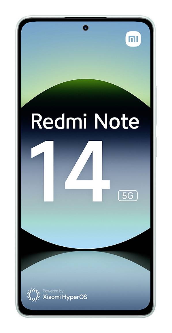 Un smartphone avec un écran affichant « Redmi Note 14 5G » et « Powered by Xiaomi HyperOS ». L'arrière-plan est un dégradé bleu et vert.