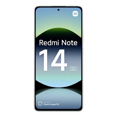 Un smartphone avec un écran affichant « Redmi Note 14 5G » et « Powered by Xiaomi HyperOS ». L'arrière-plan est un dégradé bleu et vert.