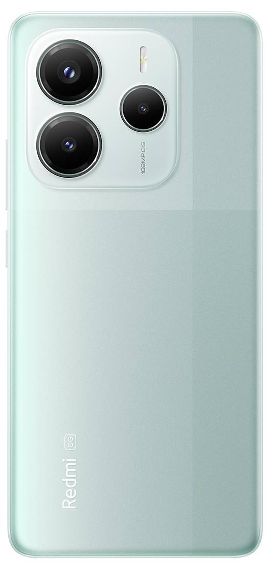 Un smartphone Redmi vert menthe avec trois appareils photo arrière et un flash LED, mettant en avant le nom de la marque et l'étiquette « 5G » à l'arrière.