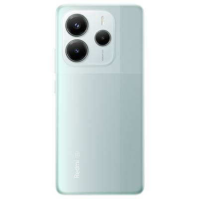 Un smartphone Redmi vert menthe avec trois appareils photo arrière et un flash LED, mettant en avant le nom de la marque et l'étiquette « 5G » à l'arrière.