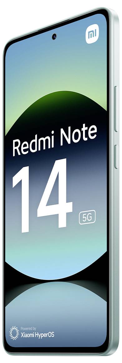 Un smartphone avec "Redmi Note 14 5G" affiché sur l'écran, présentant un design épuré et fonctionnant sous Xiaomi HyperOS.