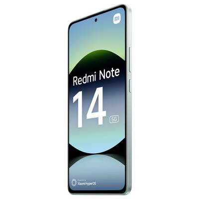 Un smartphone avec "Redmi Note 14 5G" affiché sur l'écran, présentant un design épuré et fonctionnant sous Xiaomi HyperOS.