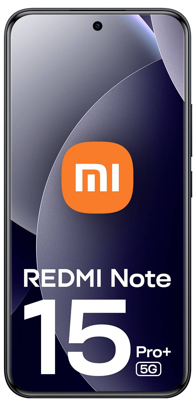 Smartphone 'REDMI Note 15 Pro+ 5G' avec un écran frontal, présentant le logo de la marque en haut au centre.