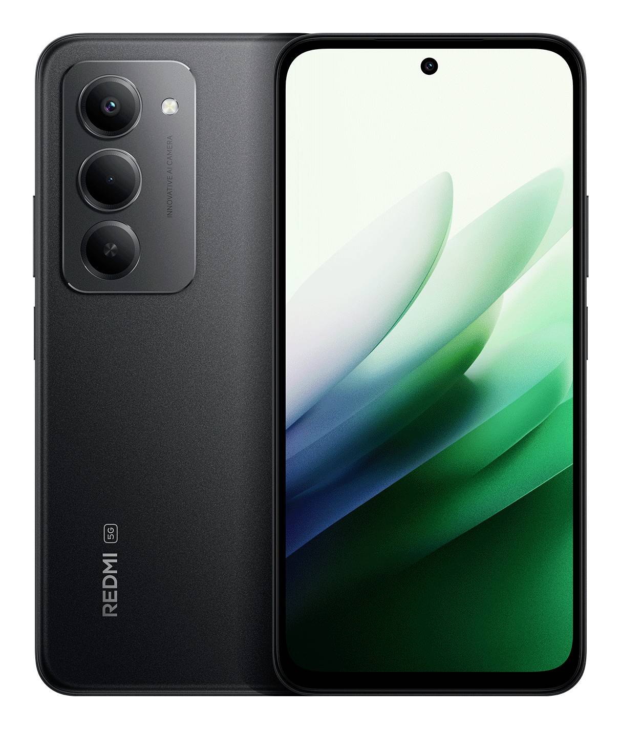 Téléphone intelligent noir avec triple caméras arrière et une caméra frontale circulaire sur un grand écran, affichant un fond abstrait vert et blanc.