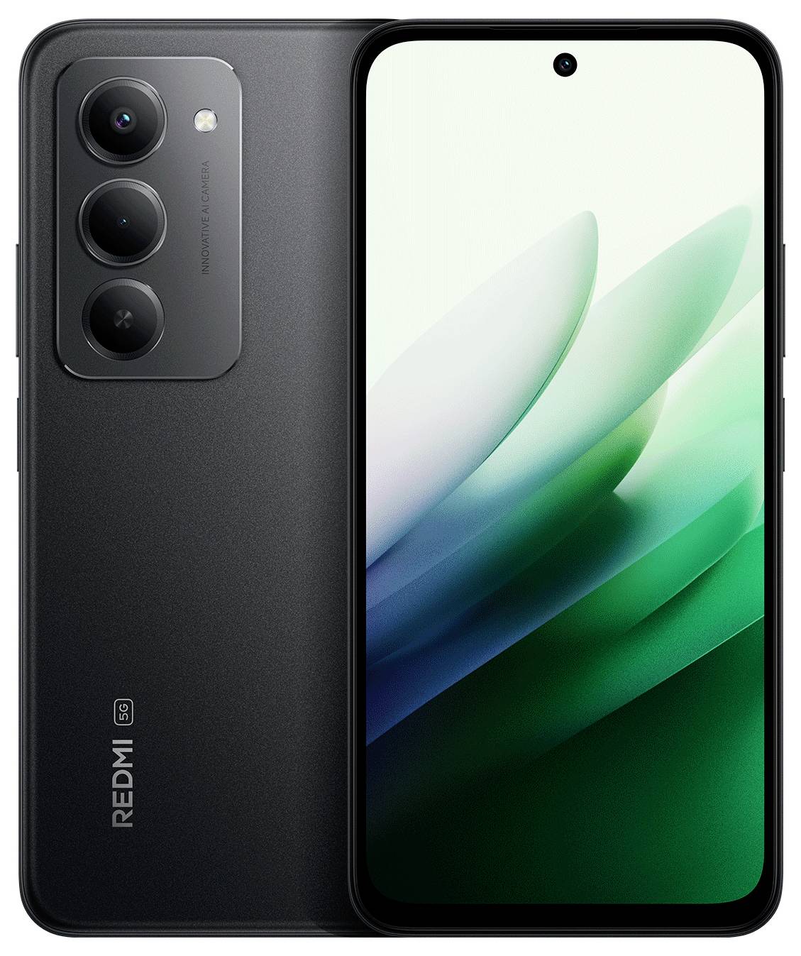Un élégant smartphone avec trois caméras arrière est présenté dans une couleur foncée, affichant une image abstraite stylisée verte et blanche sur l'écran.