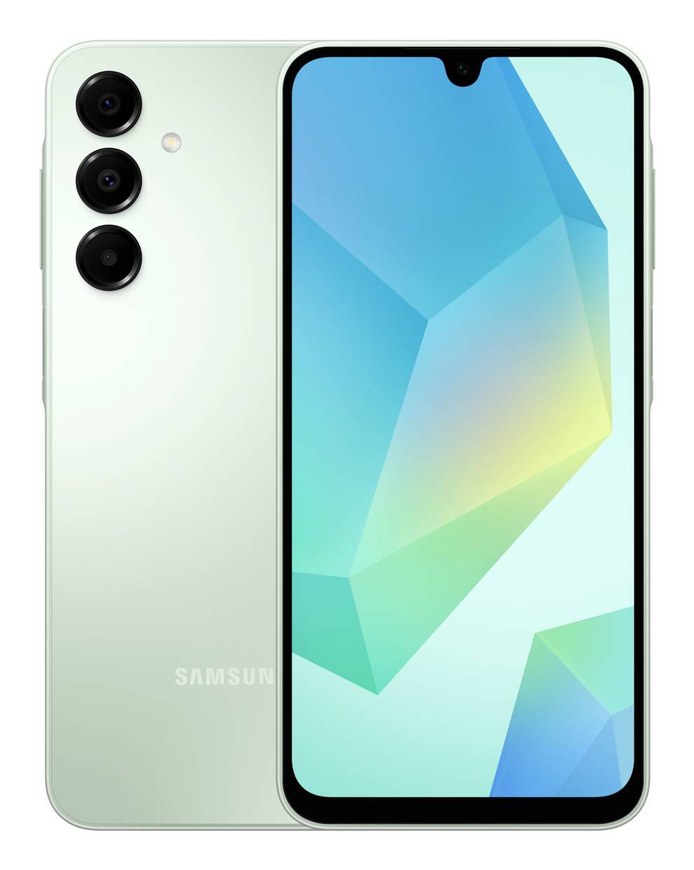 Un smartphone argenté affichant un motif géométrique coloré sur l'écran. Trois caméras arrière sont visibles à l'arrière.