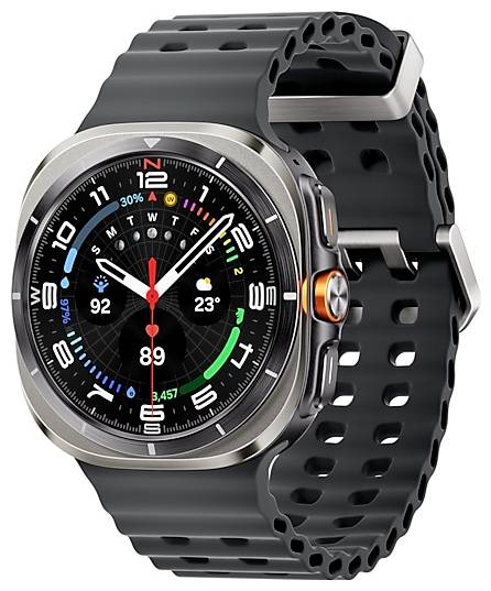 Une montre intelligente avec un bracelet noir perforé affichant l'heure, la date, une lecture de la fréquence cardiaque de 89 BPM et des anneaux d'activité colorés.