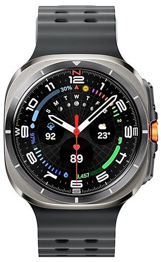 Une montre intelligente affichant l'heure « 10:09 », avec des cadrans numériques pour la fréquence cardiaque « 89 », les pas « 3 457 », la météo « 23°C » et d'autres mesures.
