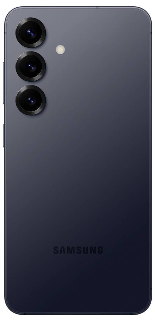 Un smartphone noir élégant avec trois caméras arrière alignées verticalement et un flash LED à côté. Le logo est gravé en relief près du bas.