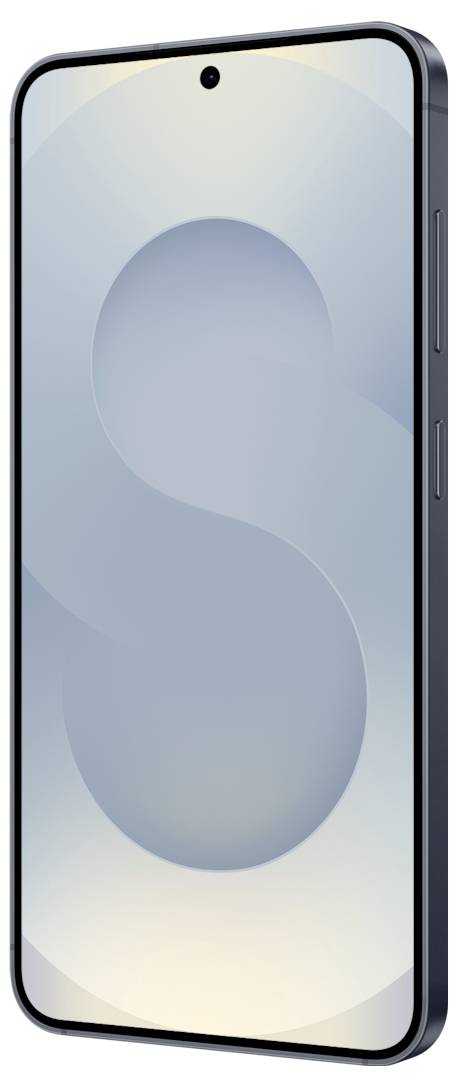Un smartphone noir avec un grand écran affichant un design abstrait subtil de nuances de gris qui se chevauchent.
