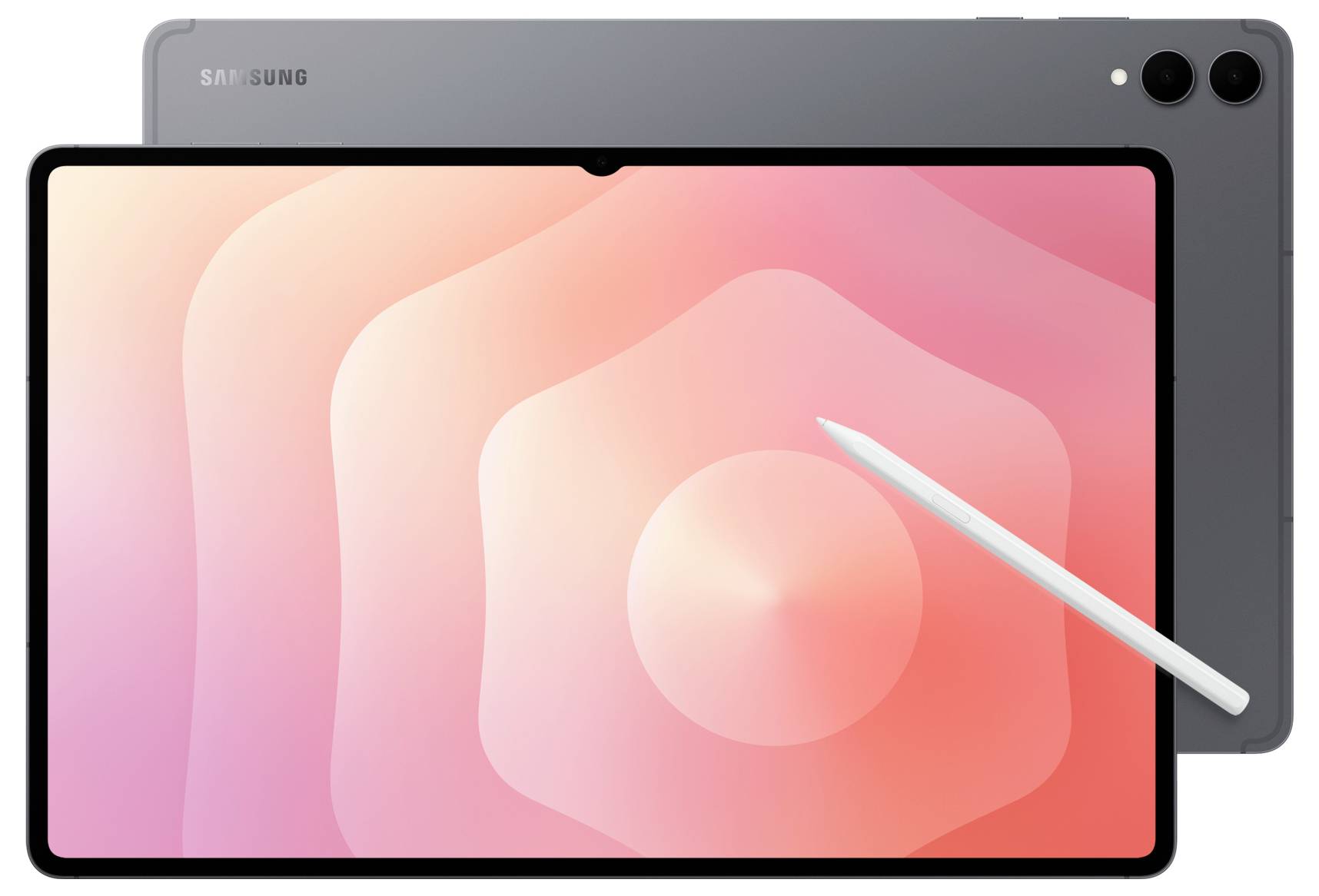 Une tablette Samsung avec un stylet, présentant un écran dégradé rose. L'appareil affiche un design épuré, mettant en avant son grand écran.