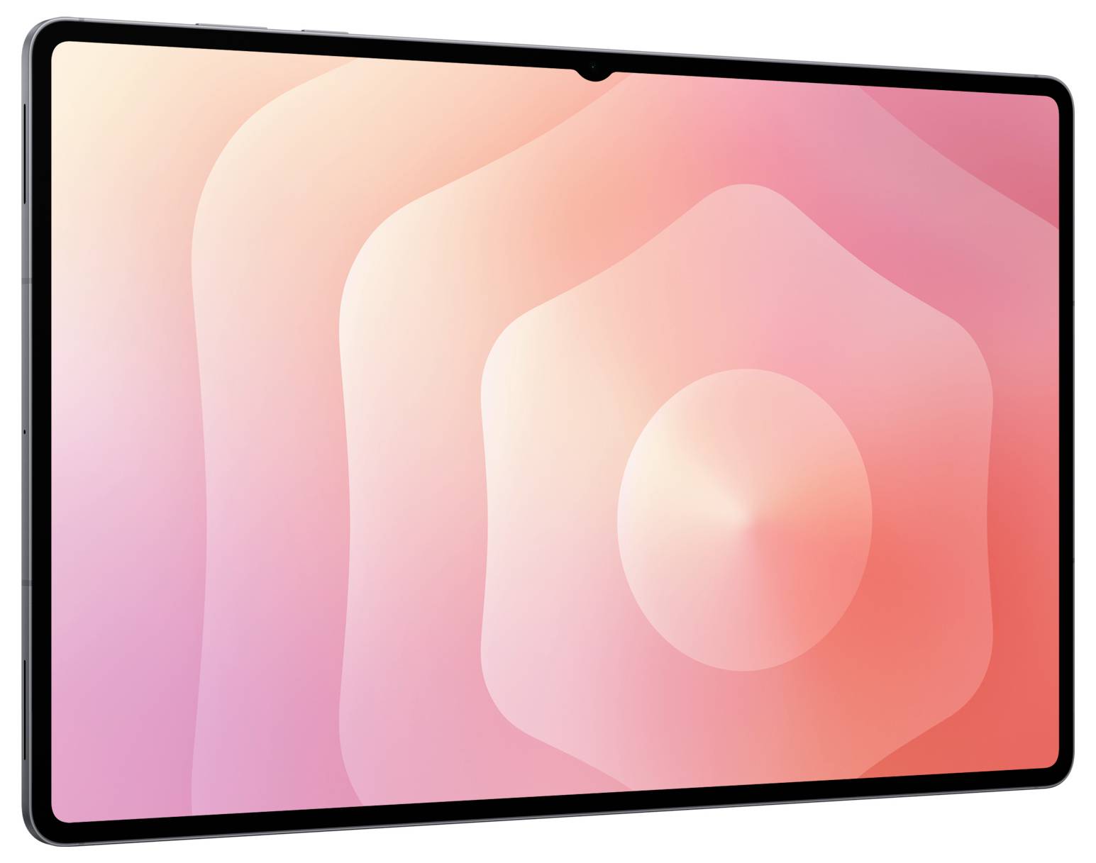 Une tablette avec un grand écran affichant un design abstrait rose et pêche avec des cercles concentriques.