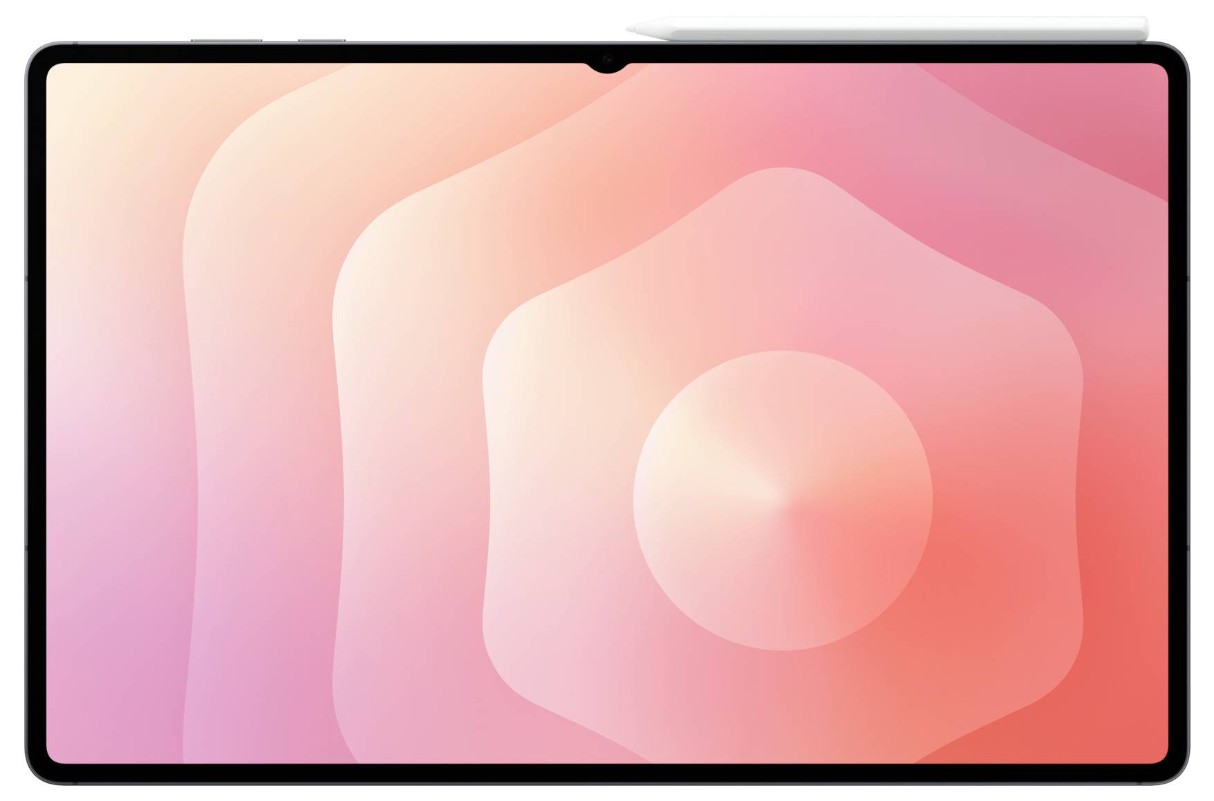 Une tablette avec un écran aux dégradés rose et pêche, présentant un motif d'onde abstraite lisse, vue de face.