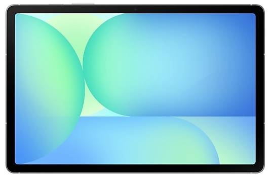 Une tablette affichant un fond d'écran abstrait avec de grandes sphères vertes et bleues qui se chevauchent sur un arrière-plan bleu clair.