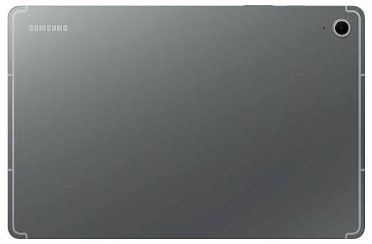 L'image montre l'arrière d'une tablette Samsung avec un appareil photo unique dans le coin, présentant une finition gris métallisé élégante.
