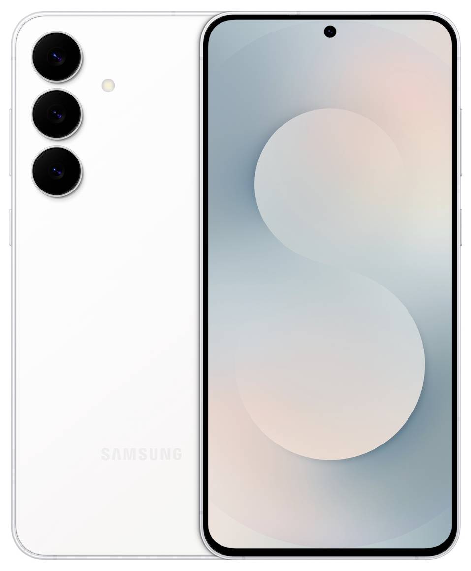Un smartphone blanc avec trois caméras arrière visibles, mettant en avant un design minimaliste et un grand écran.