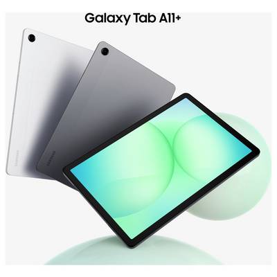 Une tablette avec un dos gris et un écran vert coloré est affichée. Le logo Samsung est visible à l'arrière de l'appareil.