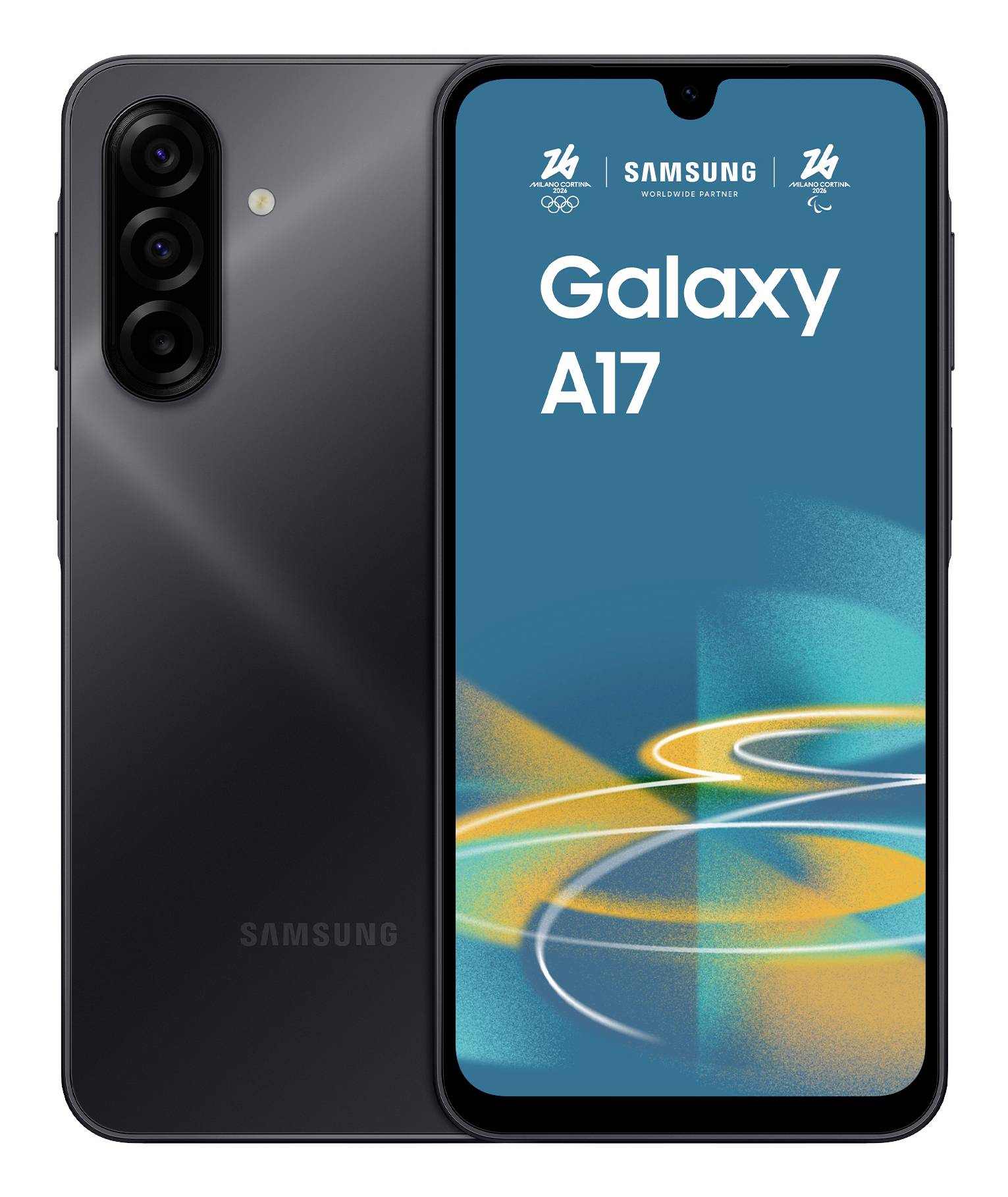 Un smartphone Samsung Galaxy A17 avec un appareil photo arrière triple est présenté. L'écran affiche des motifs abstraits et le texte « Galaxy A17 ».