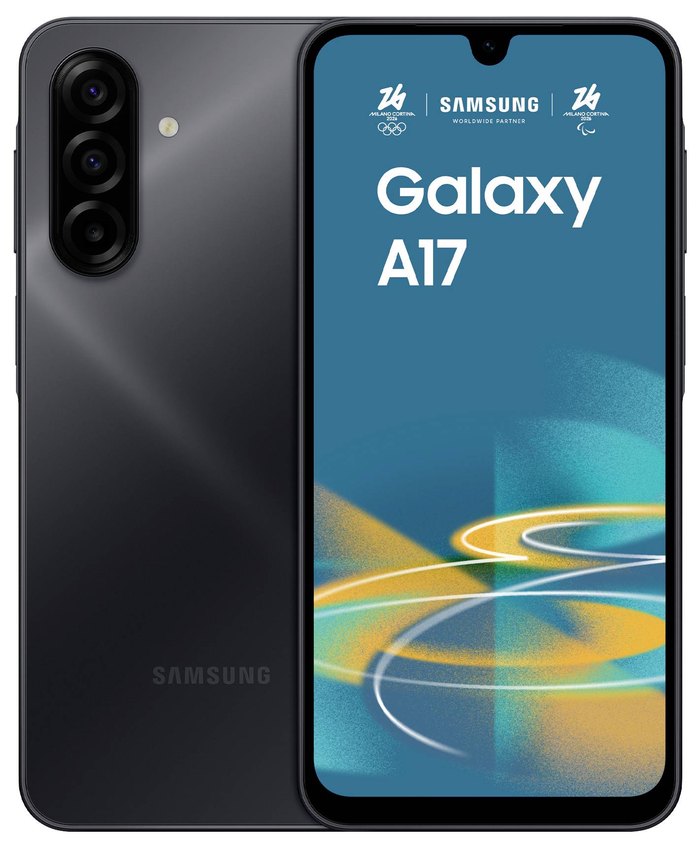 Un smartphone Samsung Galaxy A17 noir avec trois caméras arrière. L'écran affiche le texte « Galaxy A17 » et des graphiques abstraits vibrants.