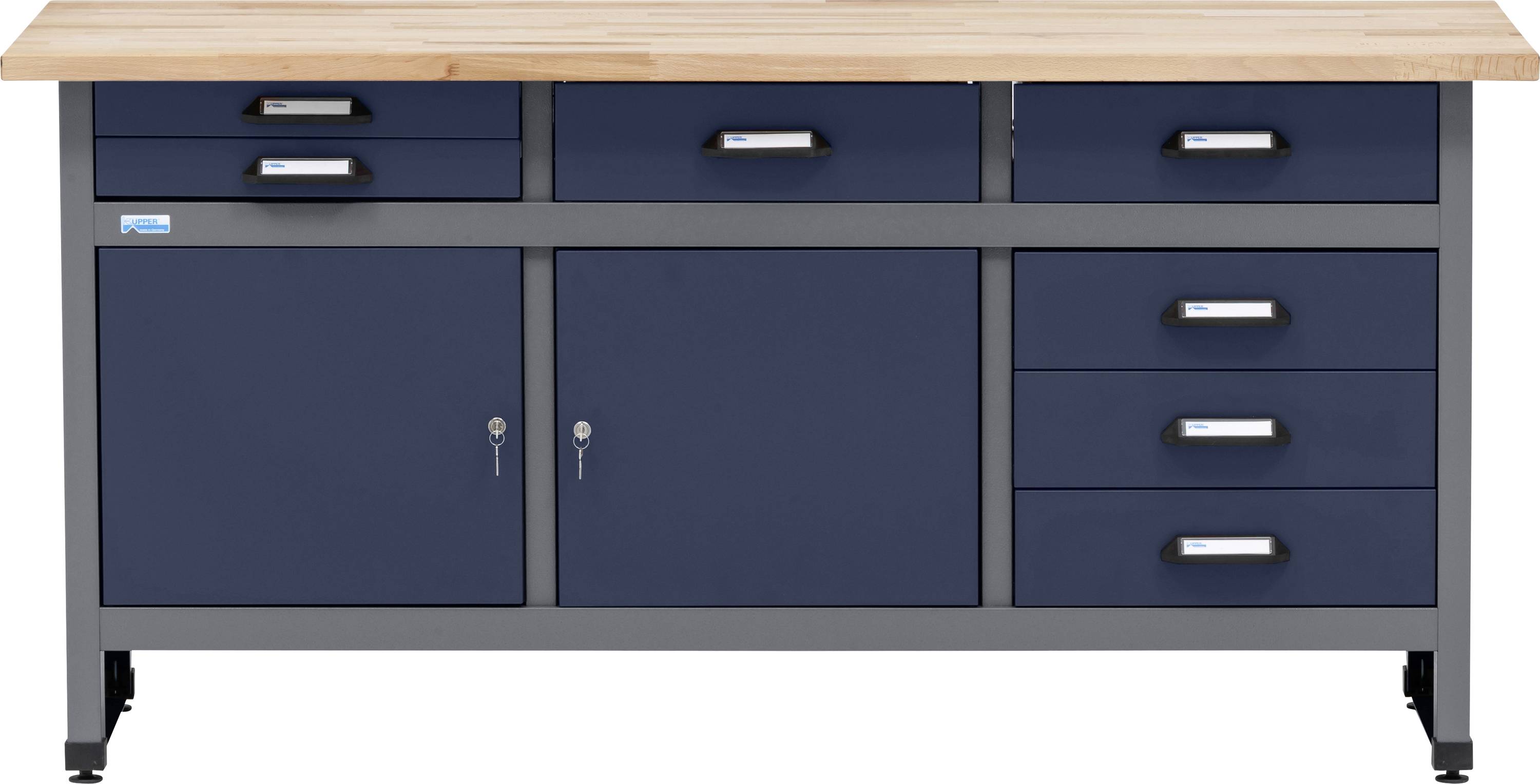 Établi d'atelier bleu et gris avec un plateau en bois, présentant plusieurs tiroirs des deux côtés et deux armoires de verrouillage centrales.
