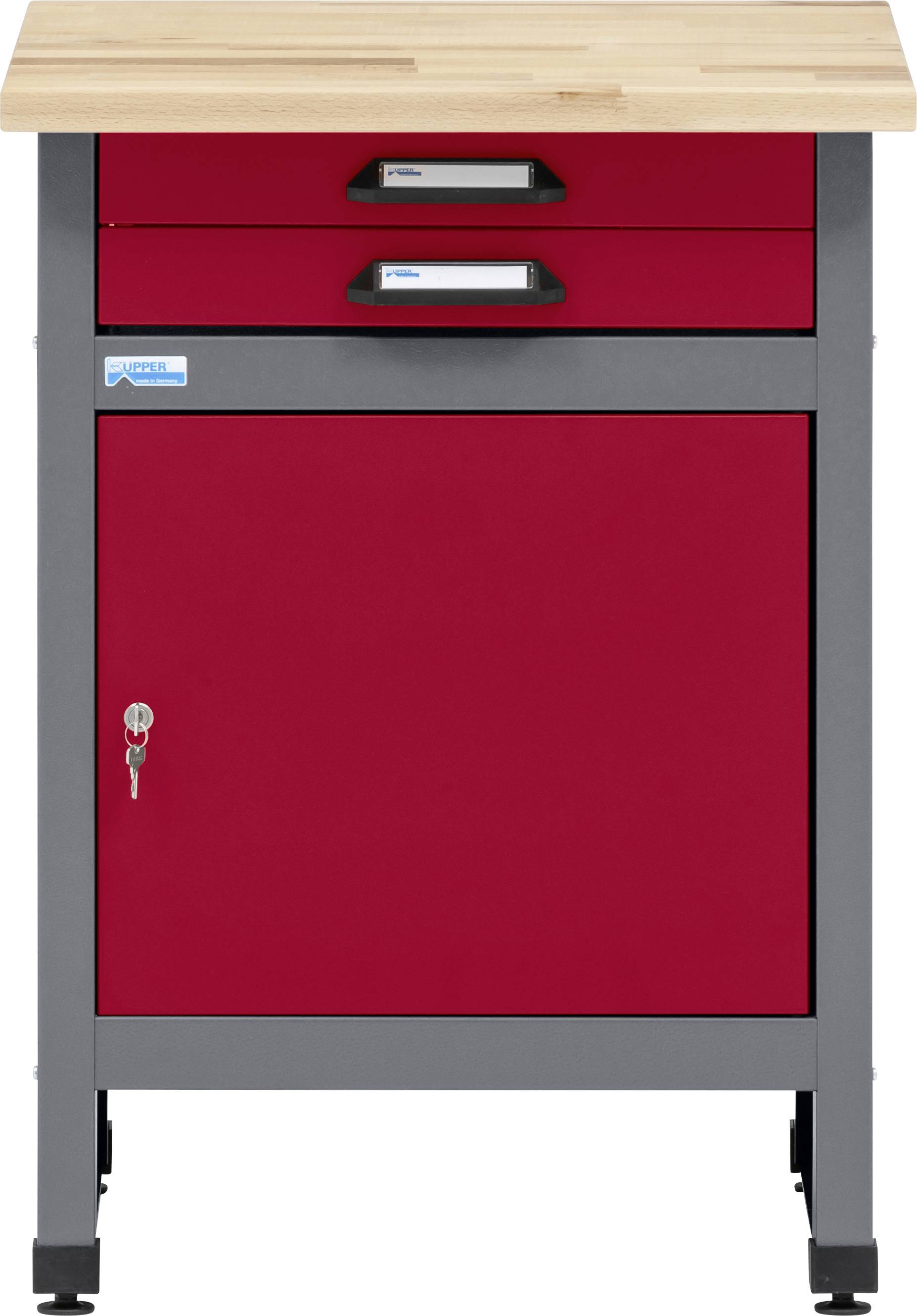 Un coffre à outils rouge à deux tiroirs, une armoire et un plateau en bois, avec une porte métallique verrouillable, conçu pour le rangement organisé des outils.