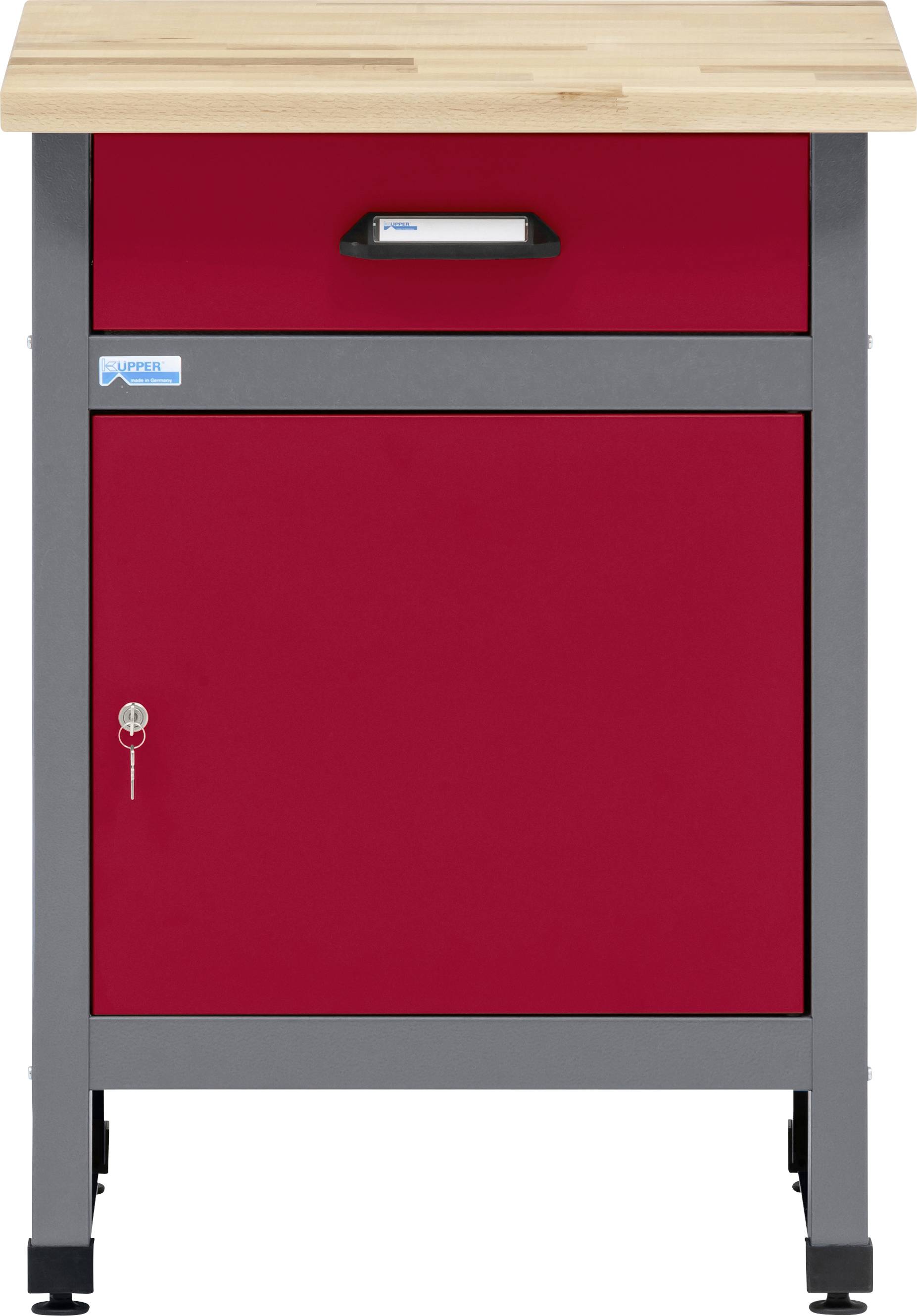 Un meuble d'atelier rouge avec un plateau en bois, doté d'un tiroir unique et d'une porte verrouillable, conçu pour le rangement et l'organisation des outils.