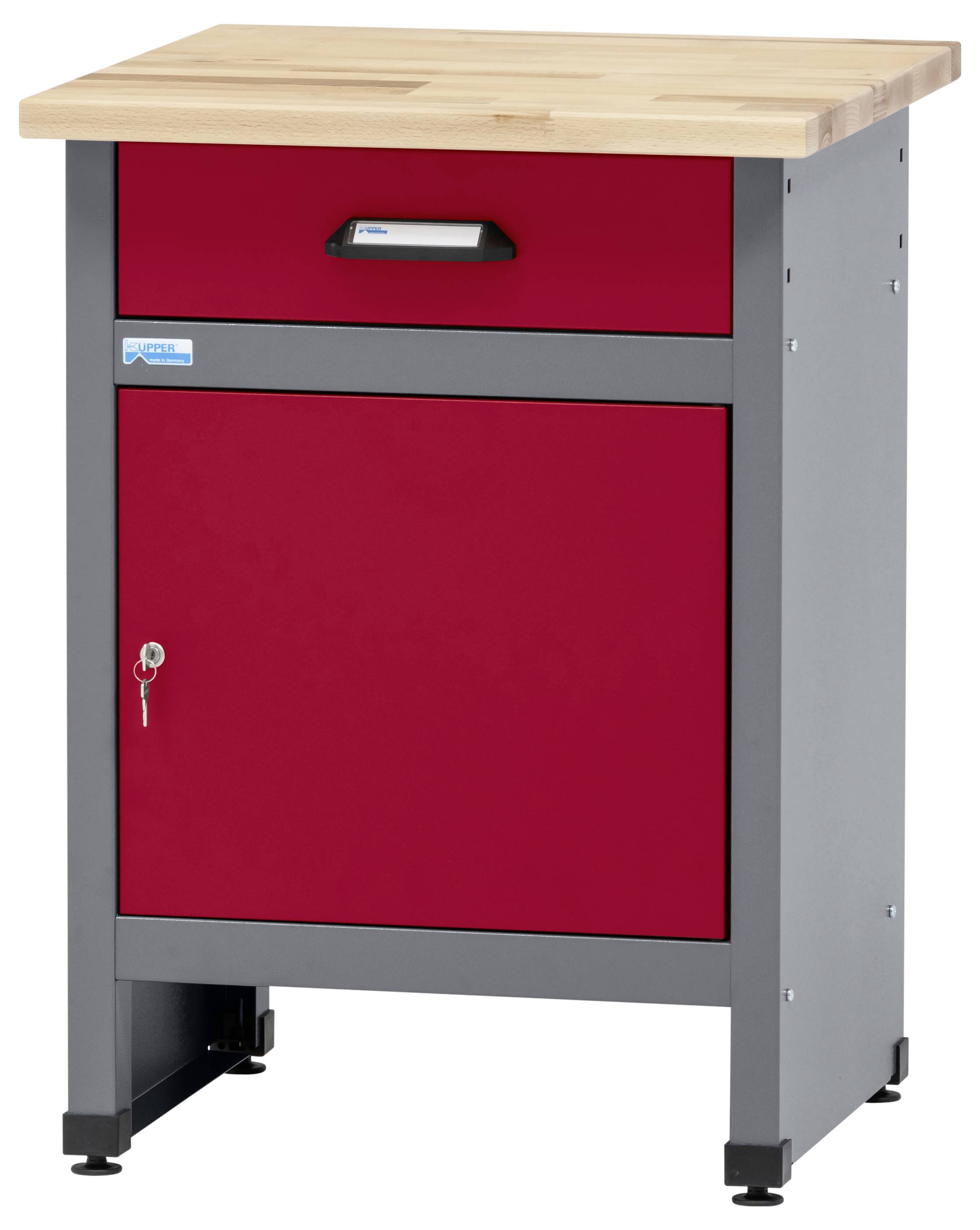 Un meuble de rangement rouge et gris avec un plateau en bois, doté d'une porte verrouillable simple et d'un tiroir de rangement, conçu pour un atelier ou un garage.