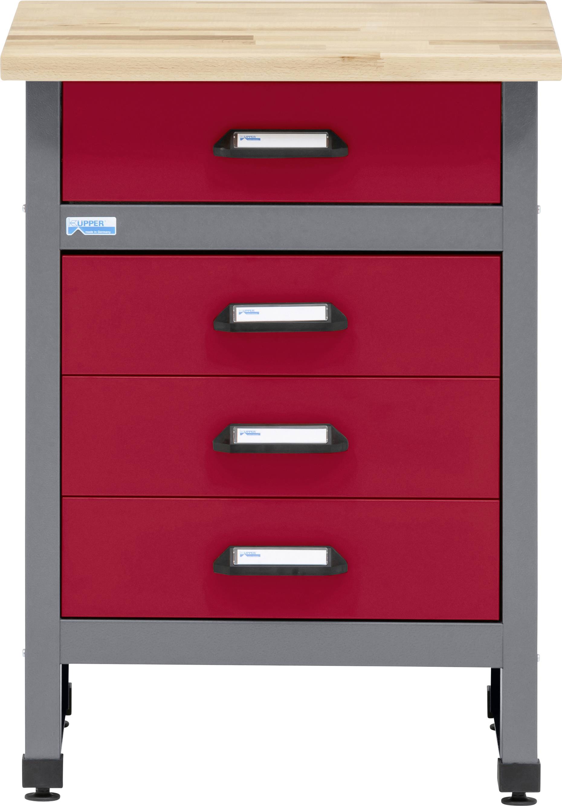 Armoire à outils rouge avec quatre tiroirs et un dessus en bois. L'armoire repose sur des roulettes pour faciliter le déplacement.