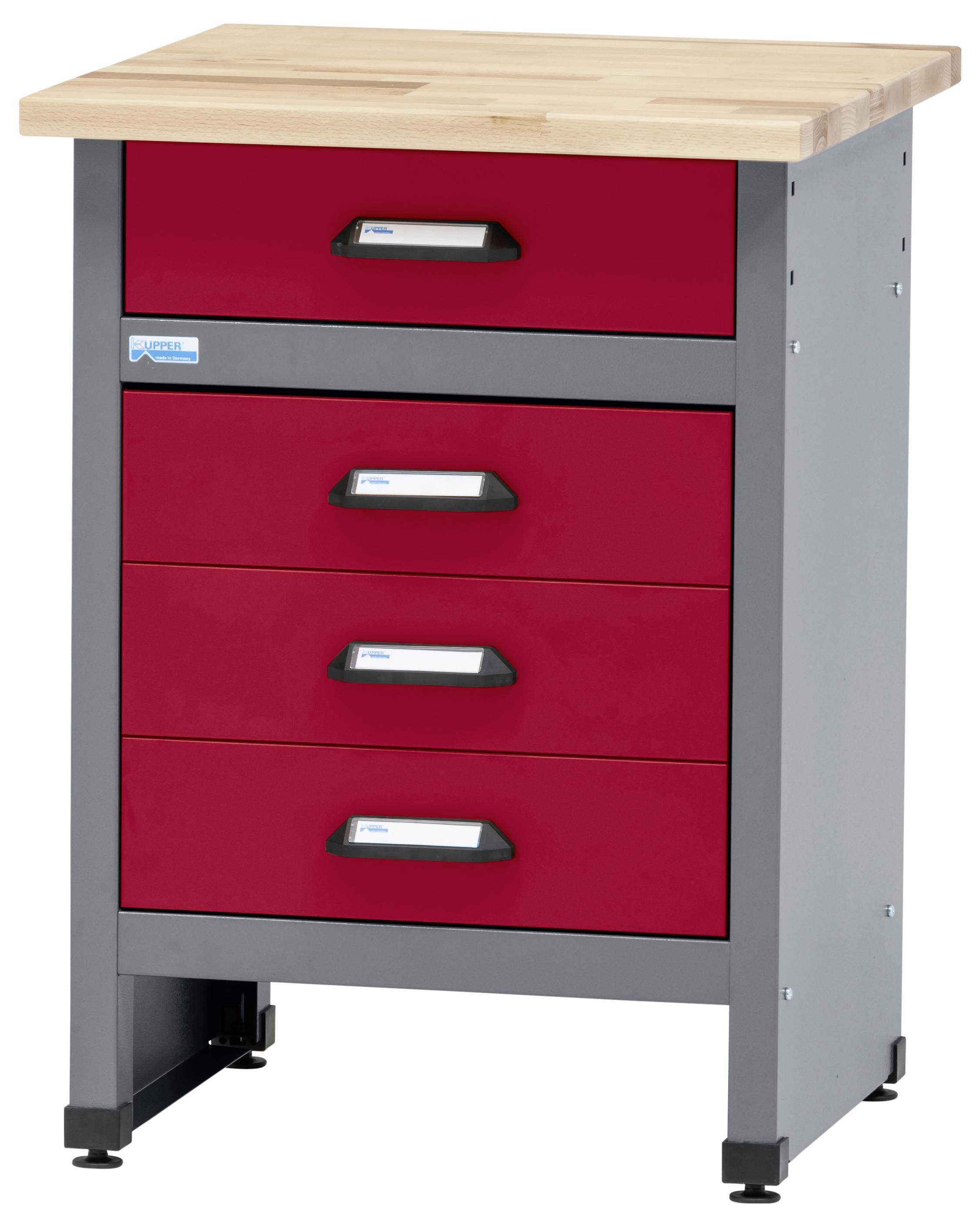 Un armoire métallique rouge avec quatre tiroirs et un plateau en bois. Il présente un design robuste et industriel convenant au rangement d'atelier ou de garage.