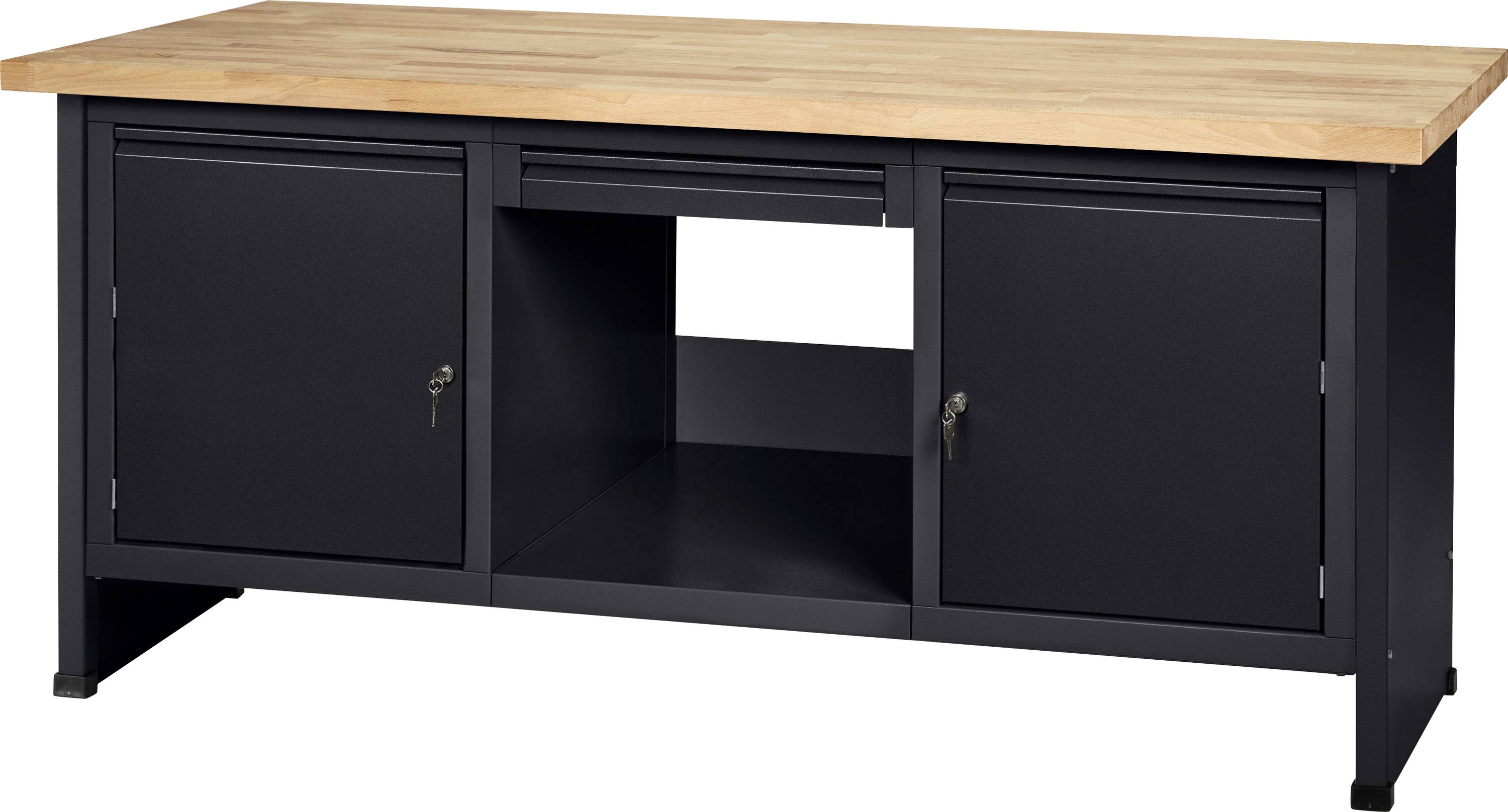 Un établi en métal noir avec un plateau en bois présentant deux armoires verrouillables de chaque côté et une étagère ouverte au milieu.