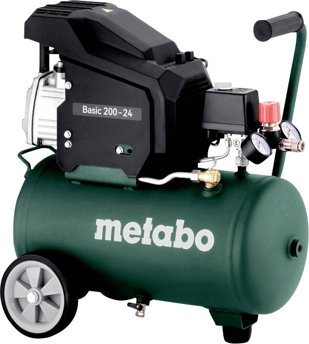 Un compresseur d'air 'metabo' vert avec manomètres, poignée et roues. Le modèle 'Basic 200-24' est imprimé sur l'unité moteur noire.
