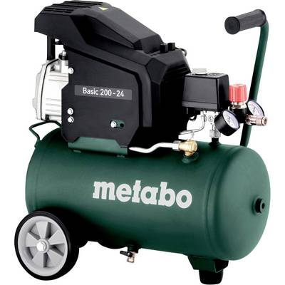 Un compresseur d'air 'metabo' vert avec manomètres, poignée et roues. Le modèle 'Basic 200-24' est imprimé sur l'unité moteur noire.