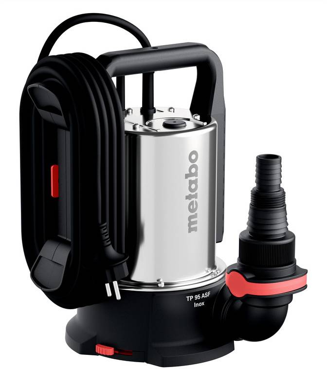Pompe submersible portable Metabo avec cordon d'alimentation attaché et adaptateur de tuyau, présentée sur un fond blanc.