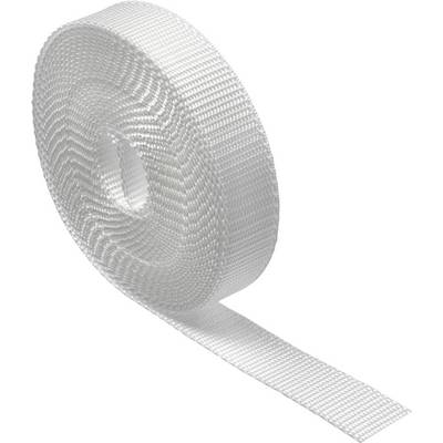 « Un rouleau de sangle en nylon blanc, enroulé avec une extrémité libre s'étendant vers l'extérieur, utilisé pour les courroies ou les ceintures. »
