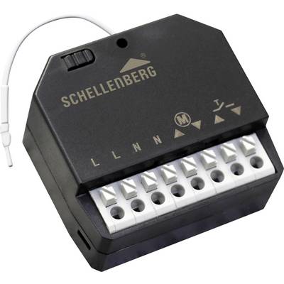 Contrôleur de maison intelligente « Schellenberg » avec plusieurs ports de câblage, y compris les bornes étiquetées « L », « N » et « M ».
