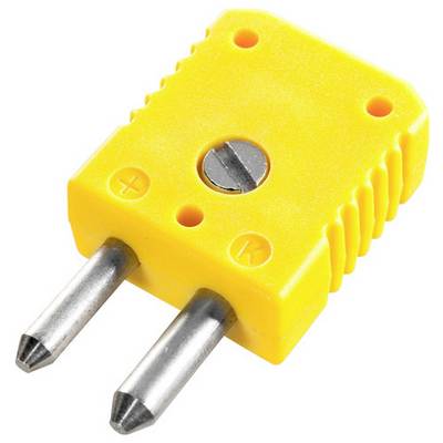 Une fiche thermocouple jaune avec deux broches métalliques et une vis au centre, étiquetée avec les signes « + » et « - » pour indiquer la polarité.