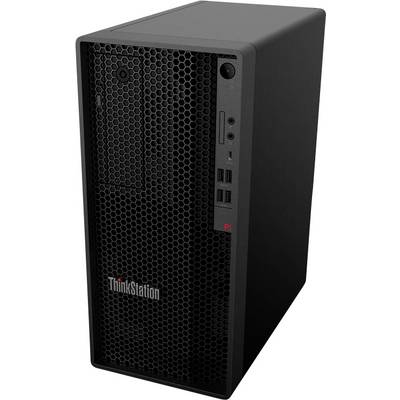 Une tour d'ordinateur de bureau Lenovo noire avec un panneau frontal perforé et un logo « ThinkStation », affichant plusieurs ports USB et un bouton d'alimentation.