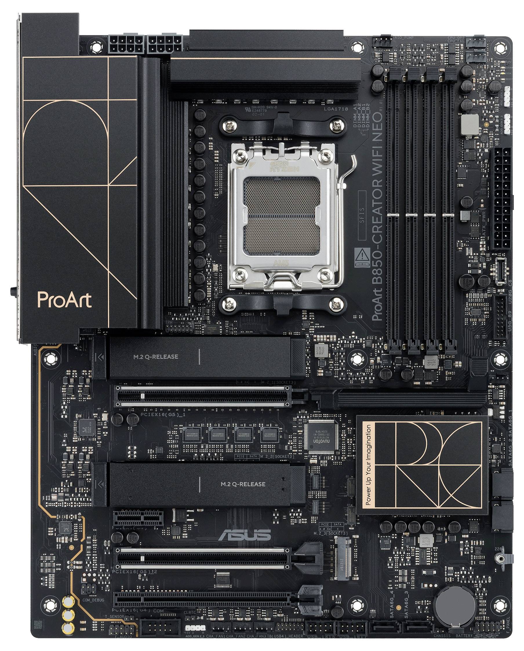 Carte mère ASUS ProArt B650-Creator WiFi avec plusieurs emplacements PCIe, emplacements RAM et un design distinctif noir et or.