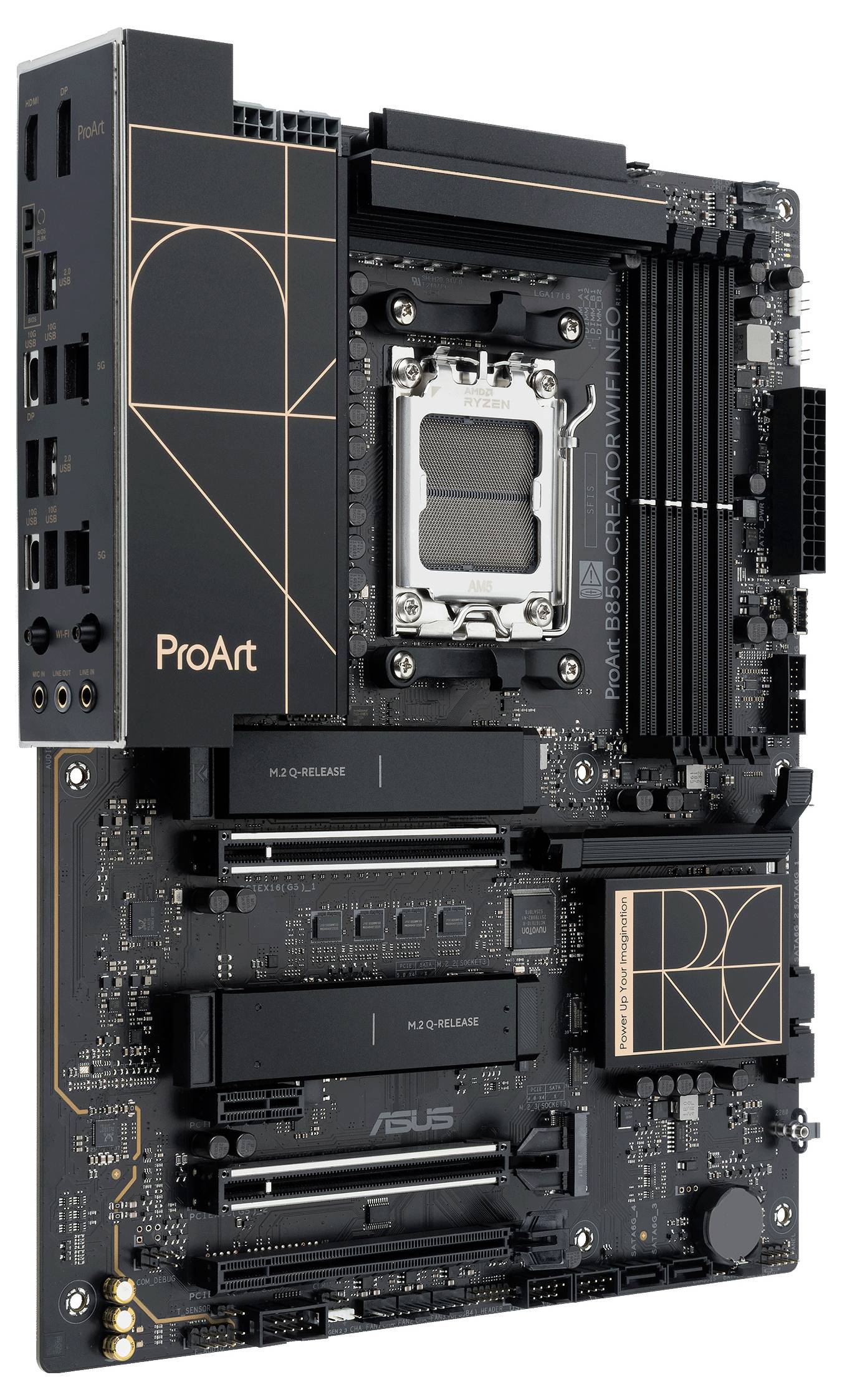 Une carte mère d'ordinateur grise et argentée avec divers composants tels que des emplacements RAM, un socket processeur, des dissipateurs thermiques et des ports, conçue par Gigabyte.