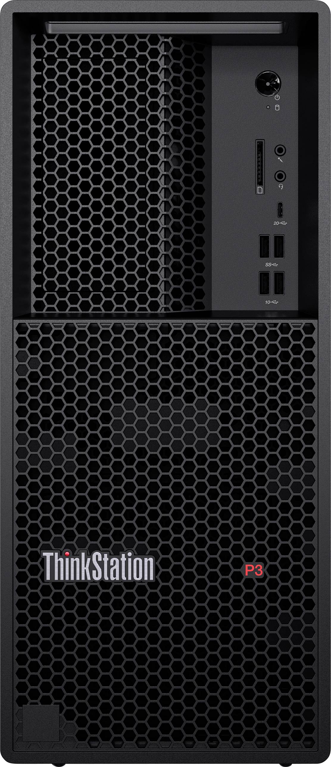 Un ordinateur de bureau noir en forme de tour étiqueté « ThinkStation » avec un panneau frontal perforé, comportant plusieurs ports USB et un bouton d'alimentation.