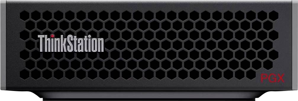 Grille frontale de la station de travail de bureau Lenovo ThinkStation PGX avec ventilation en nid d'abeille et étiquette PGX rouge