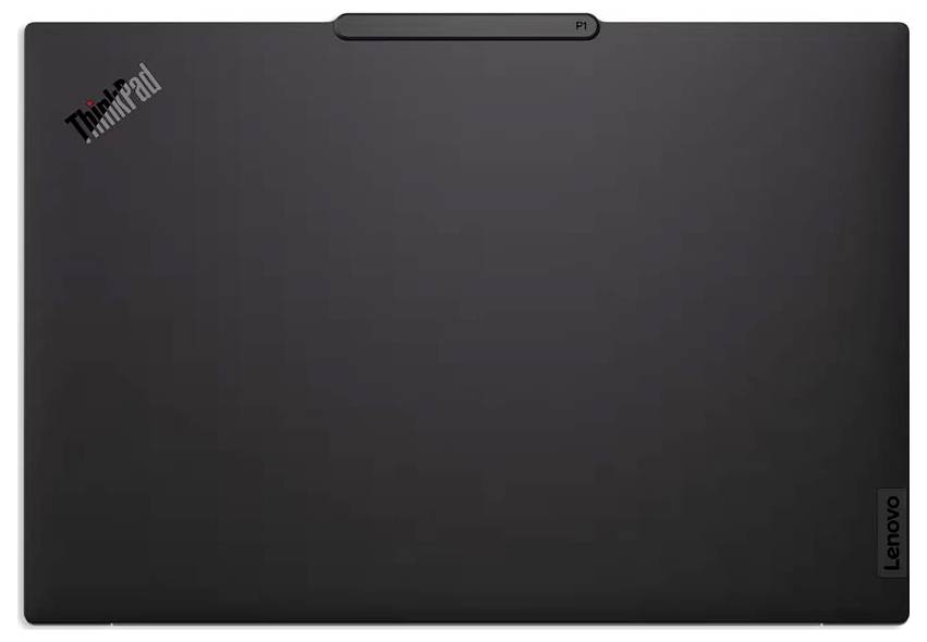 Gros plan du couvercle d'un ordinateur portable Lenovo ThinkPad, noir avec le logo ThinkPad dans le coin supérieur gauche et la marque Lenovo sur le bord droit.
